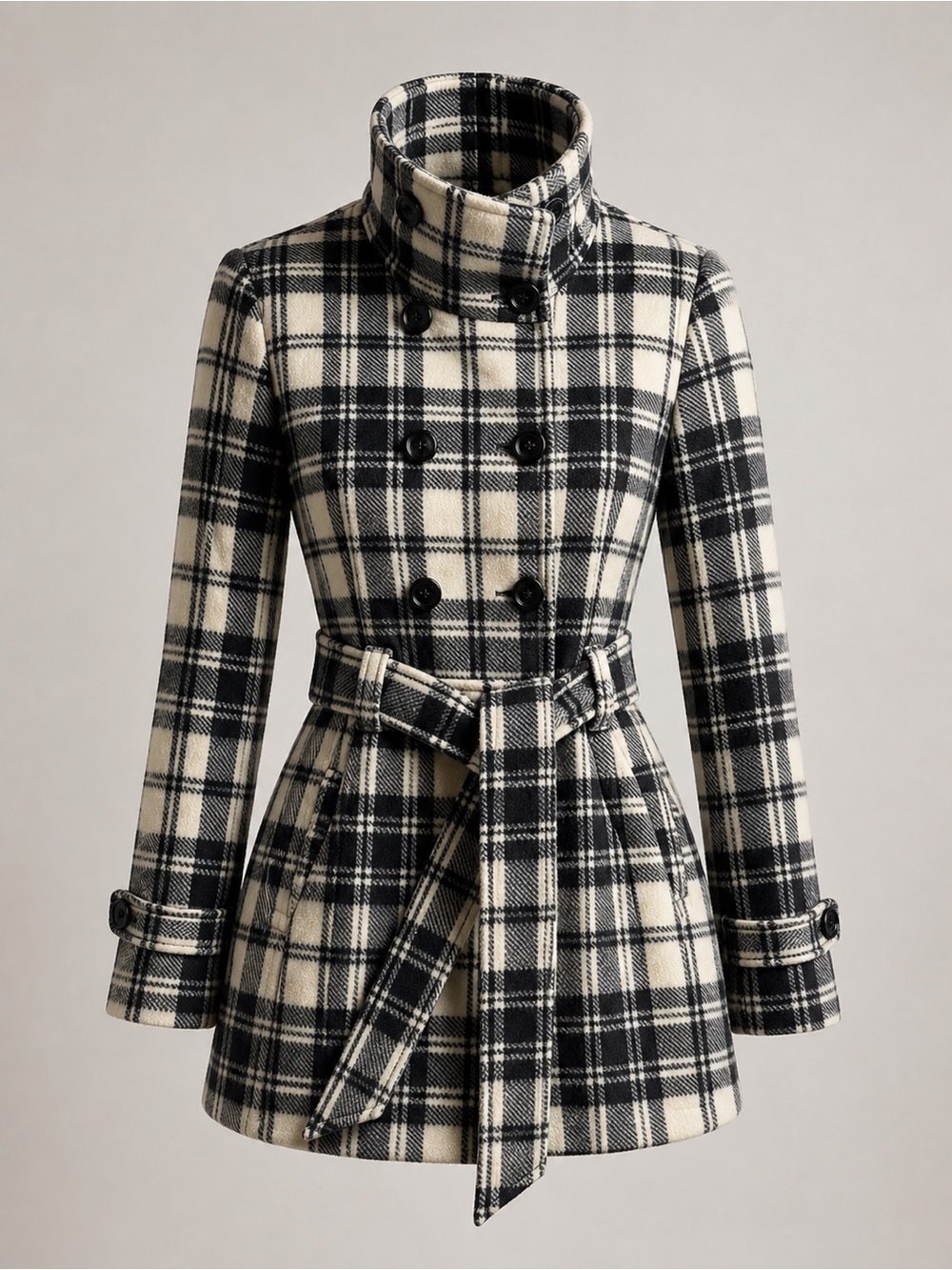 Lady Hathaway Plaid Coat Large Black White Belted Double Breasted Peacoat - Picture 1 of 9